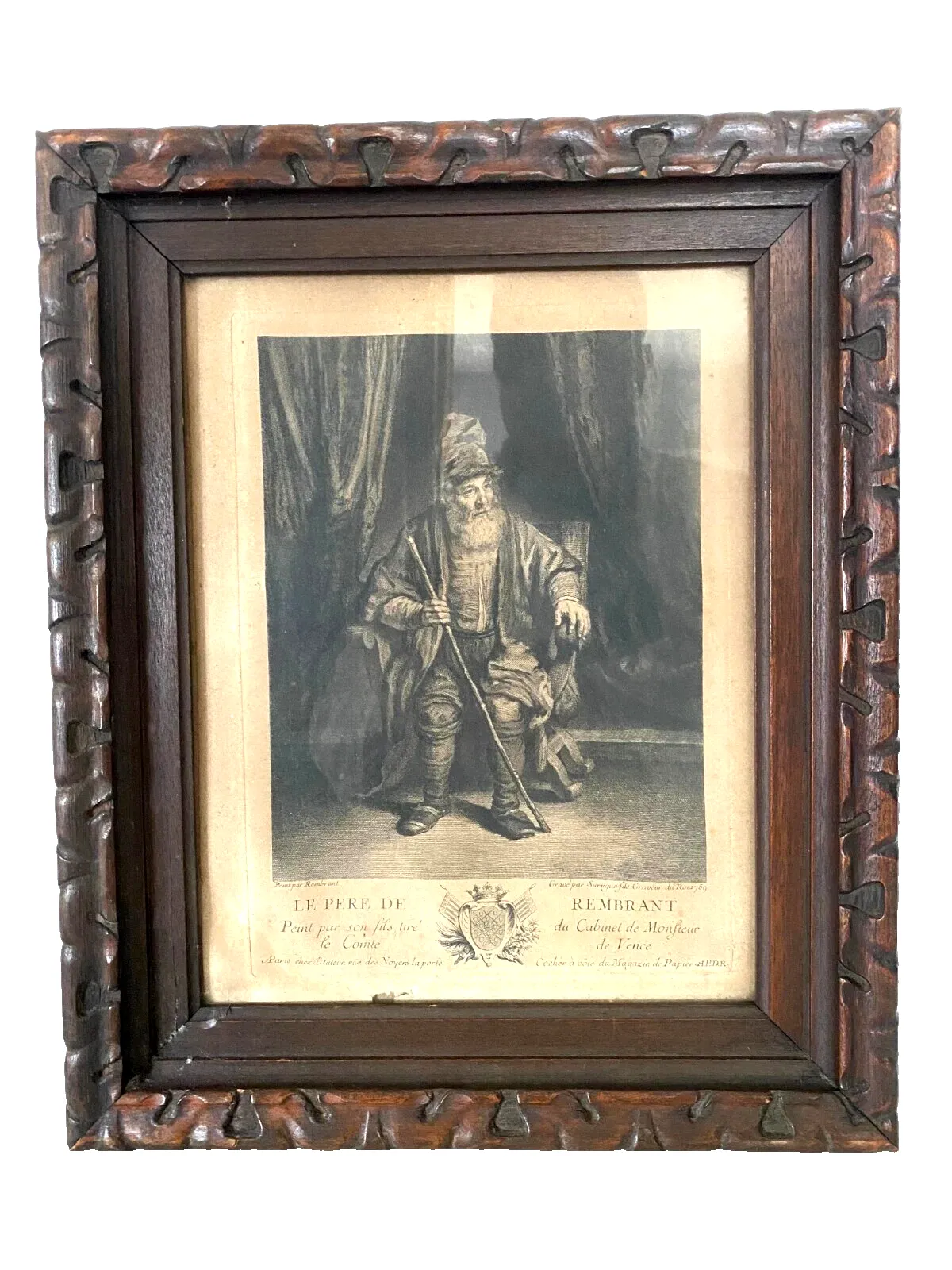 Antique 19th Century Carved Wooden Frame Engraving