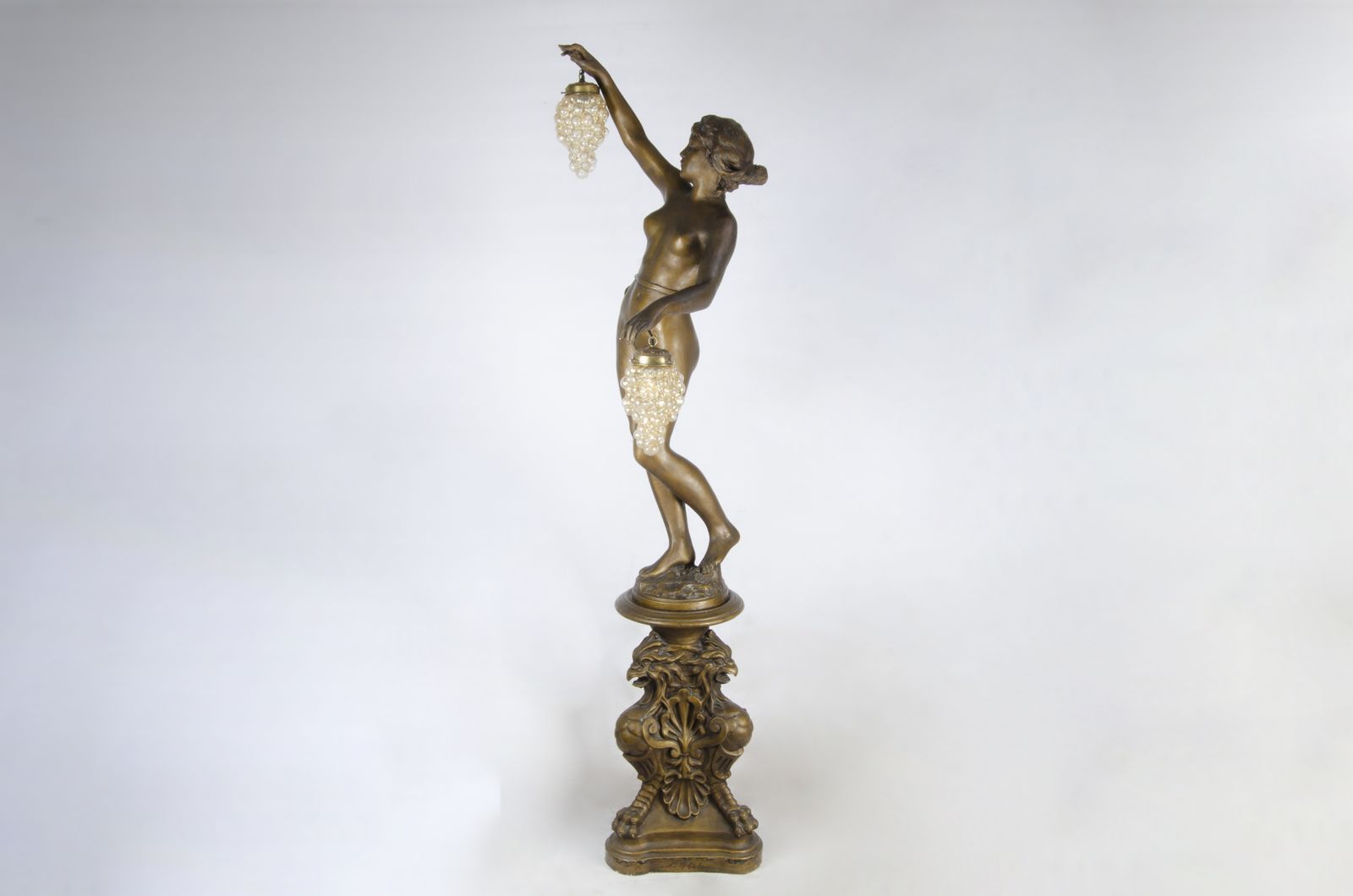 Mid 20th Century Art Nouveau Style Painted Ceramic Sculptural Floor Lamp Of Maenad Holding Grapes Signed By P. Oltolini, Argentina photo Lighting