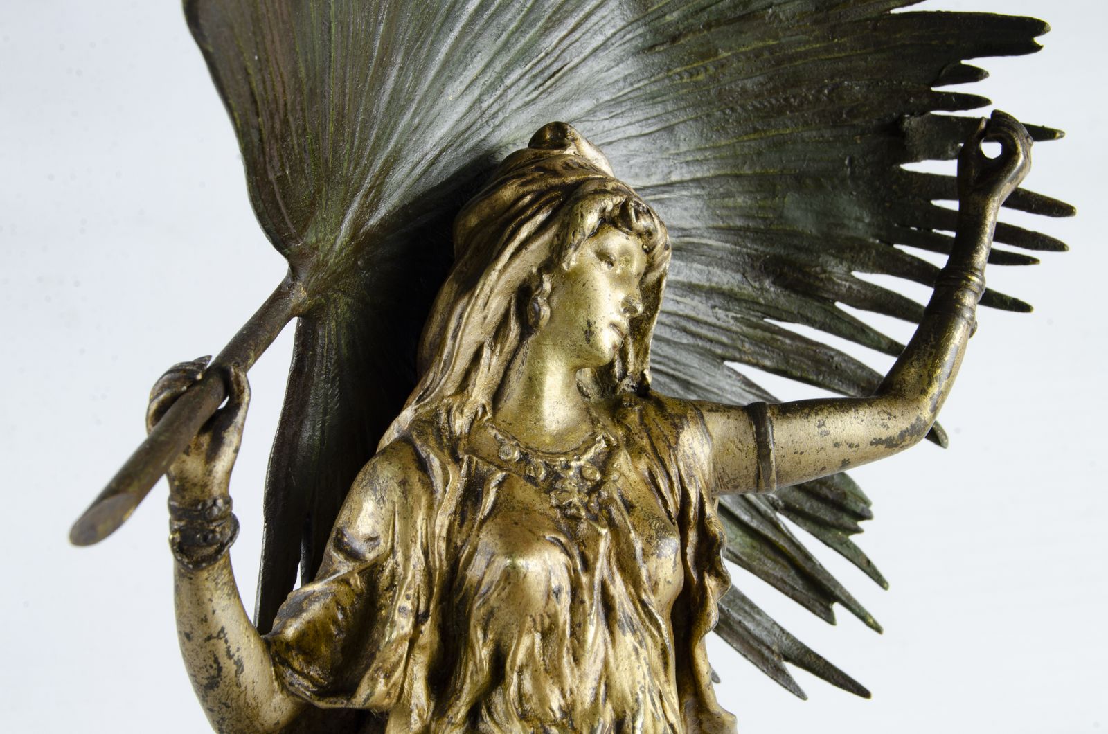 Jugendstil Cold Painted Bronze Sculpture Of A Woman Holding A Palm Leaf By Franz Bergmann, Austria photo vintage