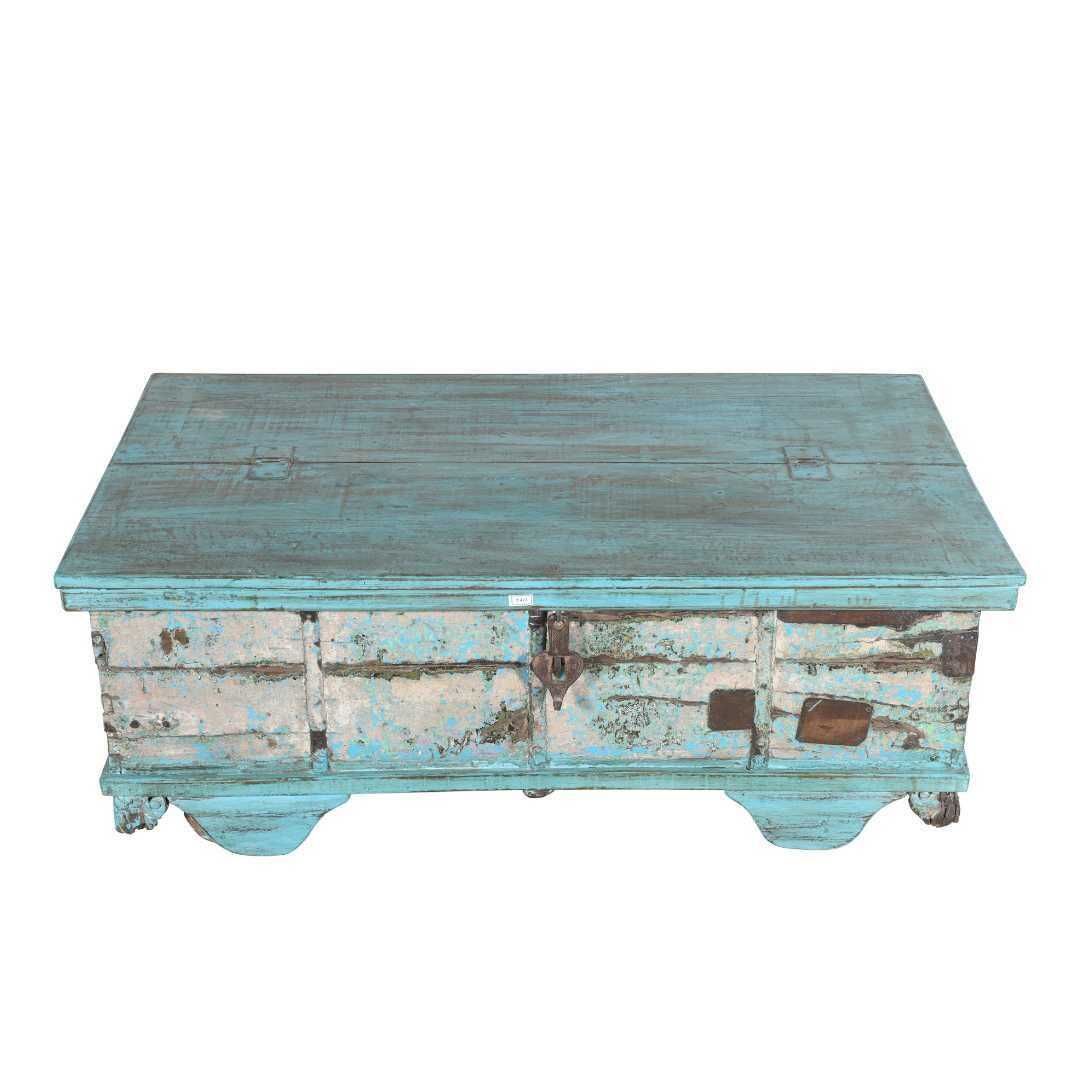 Antique Blue Patina Surti Coffee Table Chest – 19thc Teak Storage Trunk With Wheels photo for sale
