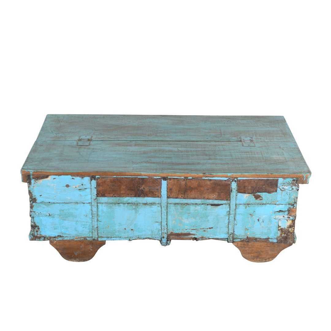 Antique Blue Patina Surti Coffee Table Chest – 19thc Teak Storage Trunk With Wheels photo Furniture