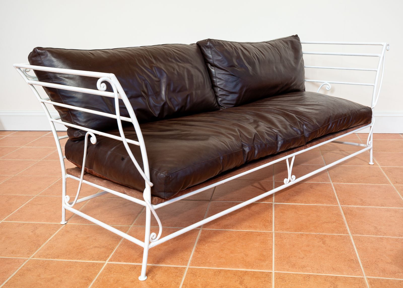 French Wrought Iron Sofa Leather Cushions 1950s Mid Century Settee Garden Conservatory Sof.A Vintage Garden Room Sof.A Patio photo for sale