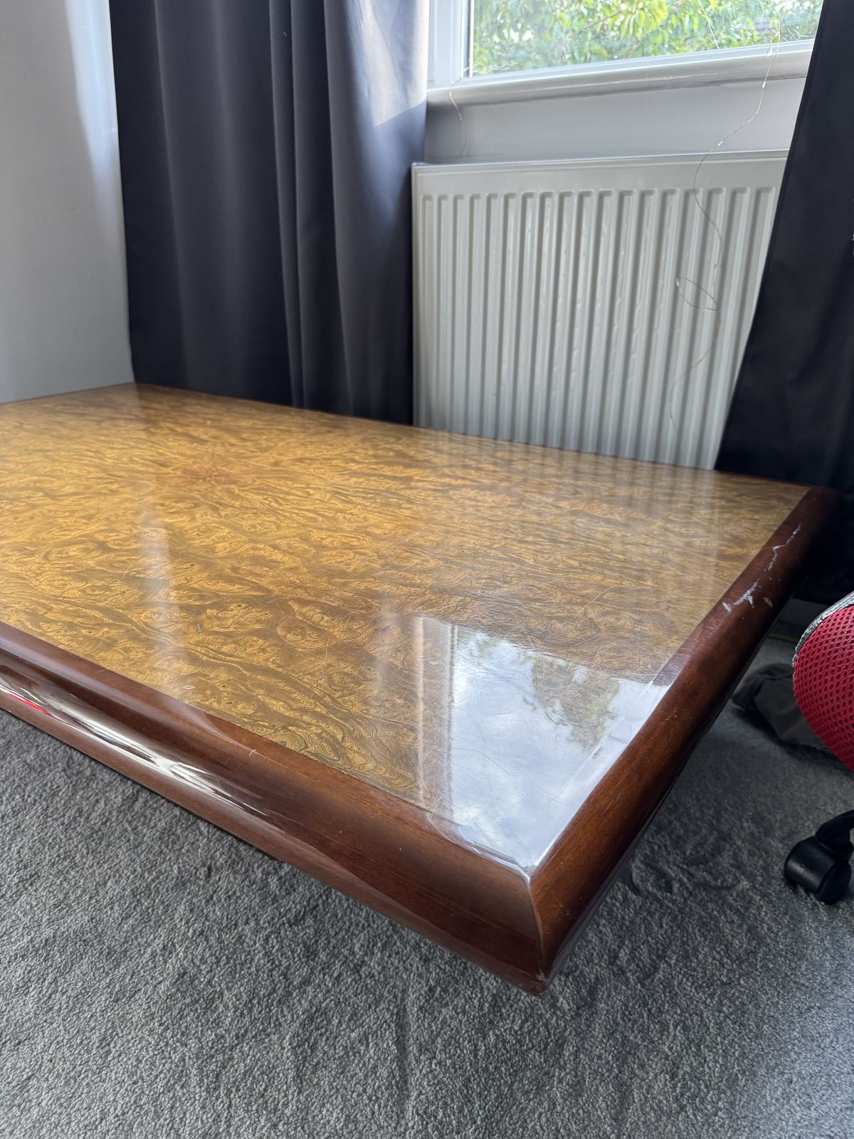 Jean Claude Mahey Wooden Coffee Table With Ruby Brown Patina, 1970s photo vintage