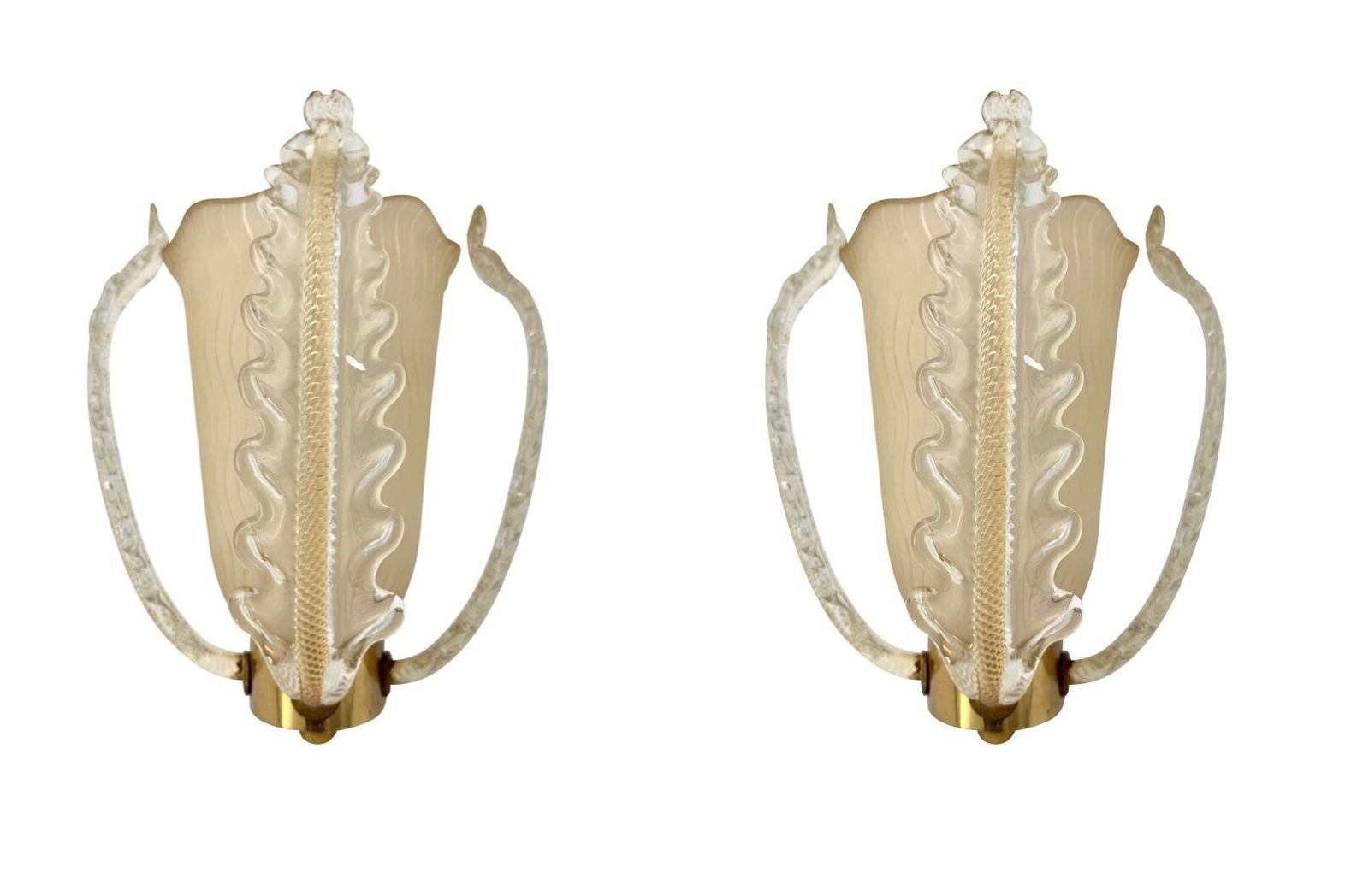 A Wonderful Pair Of 1950s Murano Glass And Brass Wall Socnces By Barovier And Toso