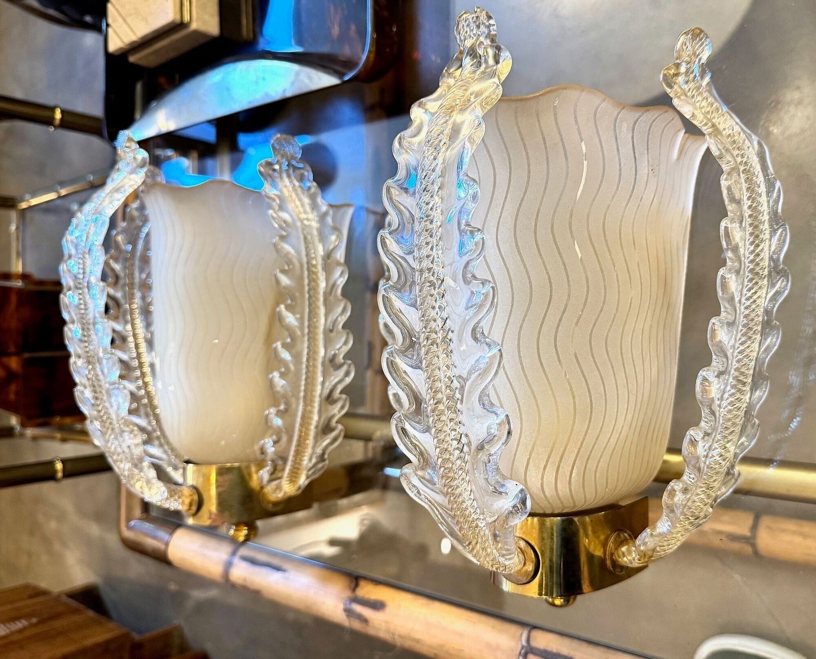 A Wonderful Pair Of 1950s Murano Glass And Brass Wall Socnces By Barovier And Toso photo furniture