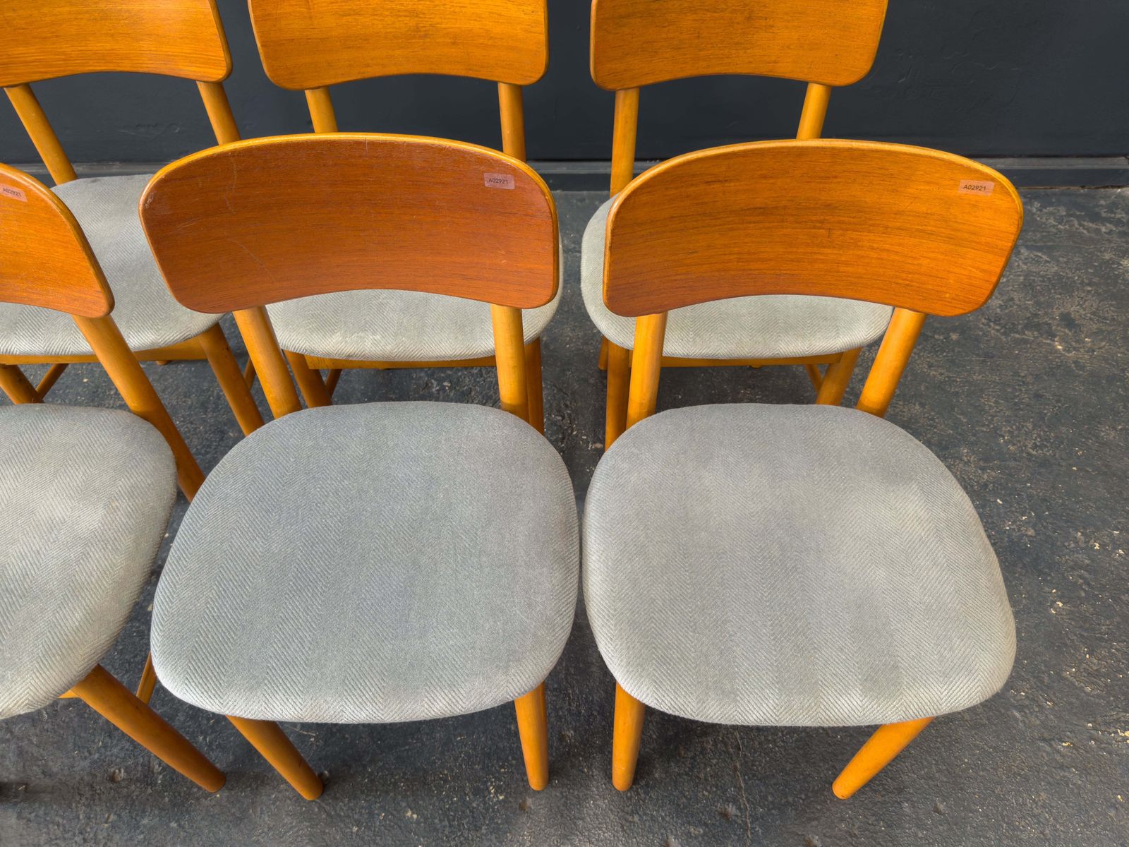 Set Of 6 Teak And Blue Upholstered Dining Chairs photo vintage