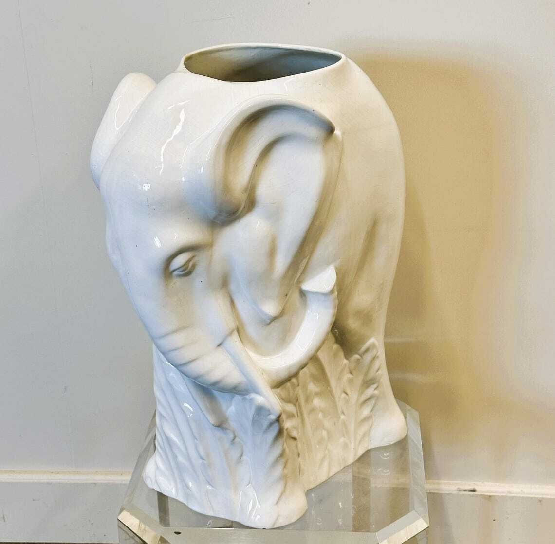 Vintage White Ceramic Elephant Umbrella Stand  Planter  France 1970s.