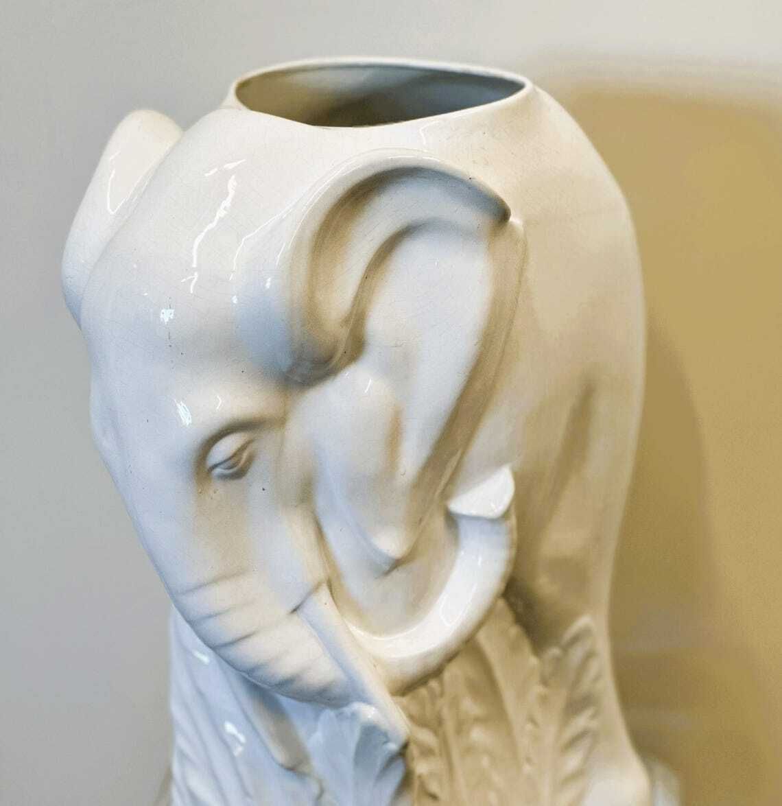 Vintage White Ceramic Elephant Umbrella Stand  Planter  France 1970s. photo vintage