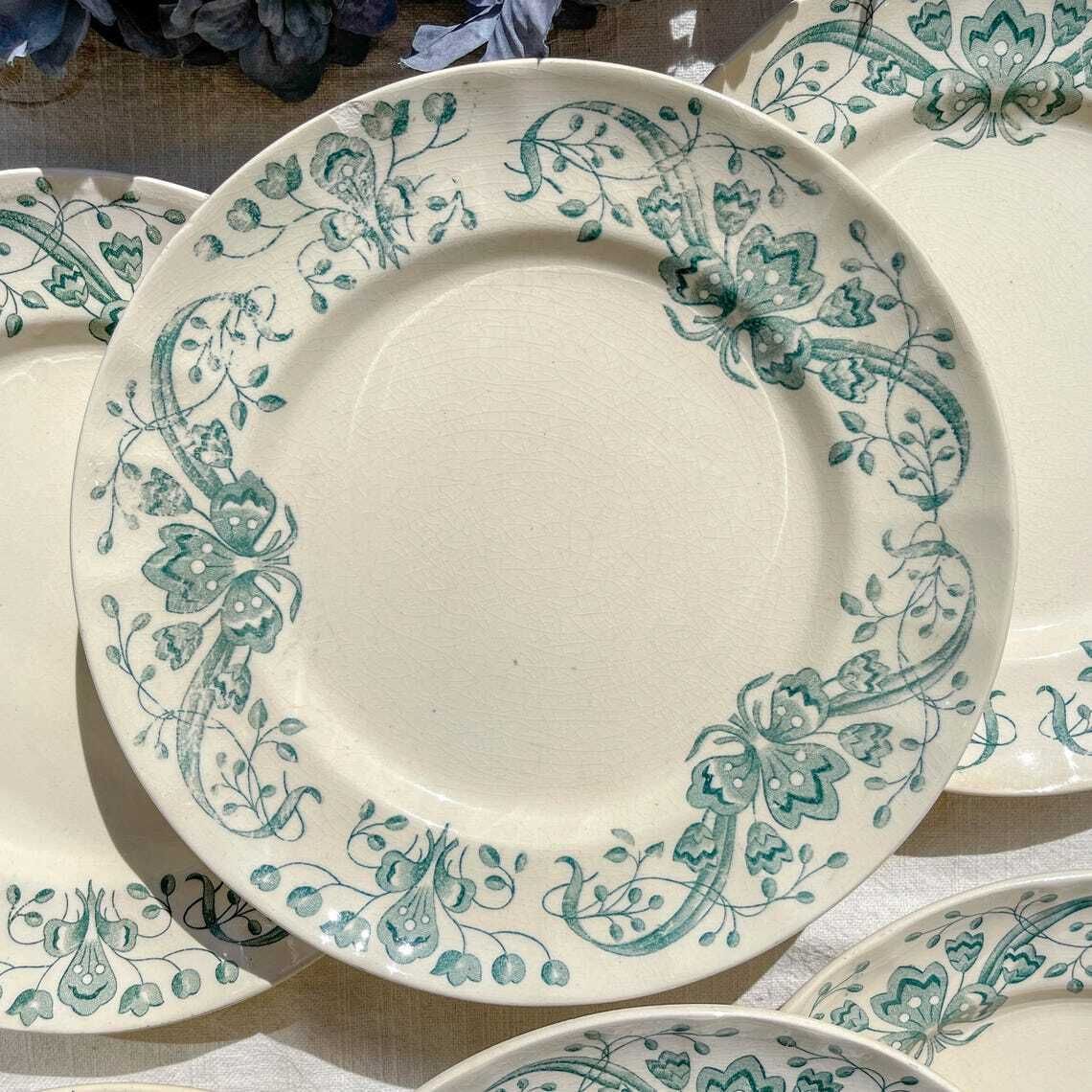 Set Of 6 Antique Soup Plates Terre De Fer Figuig  Longchamp 19th Century   Vintage French Tableware photo Home Decor