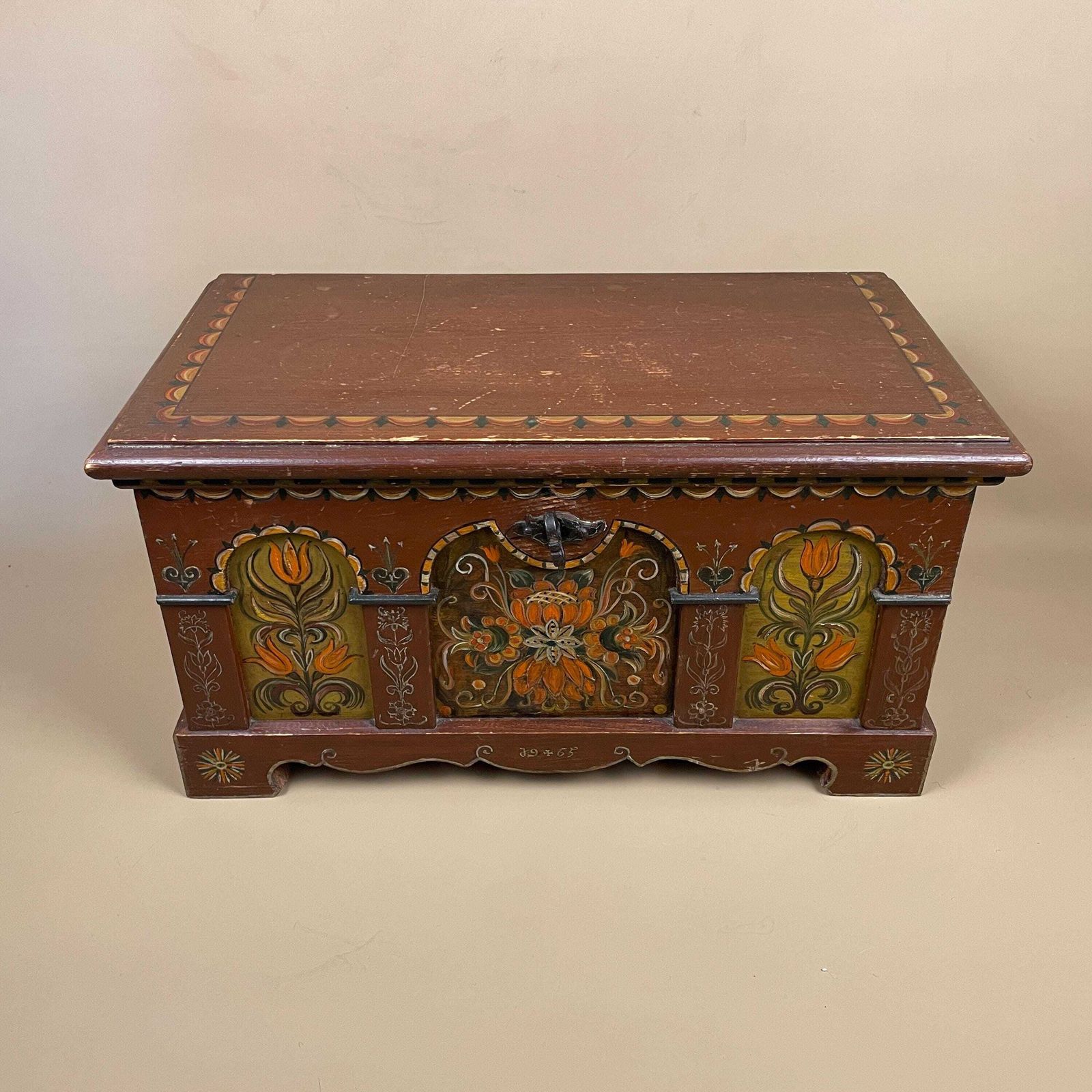 Antique Indian Handmade Wooden Box Trinket Brown Lid Lidded Wood Rectangle Hand Painted Patterned Pattern Jewellery India Old Paint photo furniture