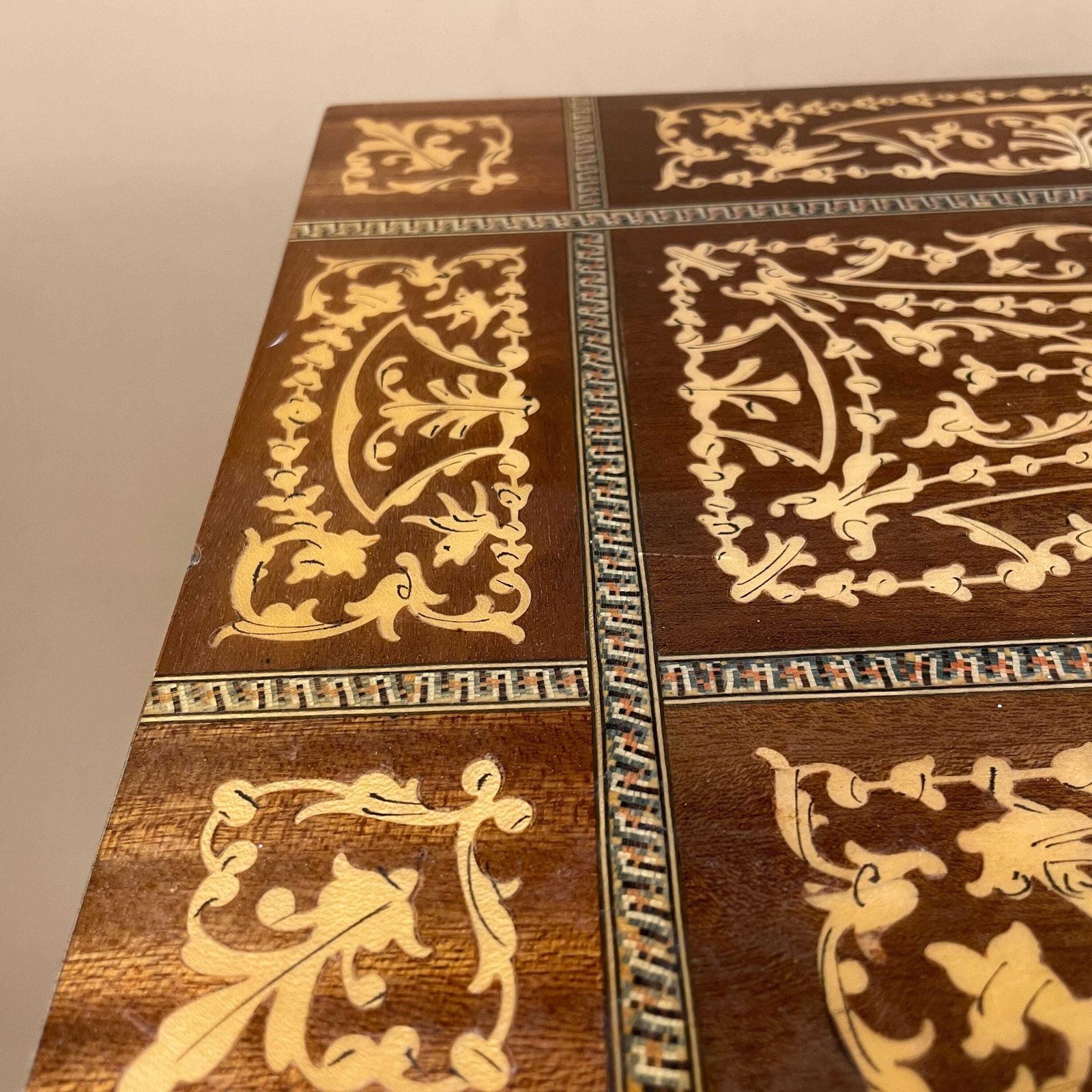 Antique Wooden Table Vintage Wood Side Musical Swiss Marquetry Patterned Reuge Side Coffee Console Hallway Plant Stand Rectangle Varnished photo Furniture