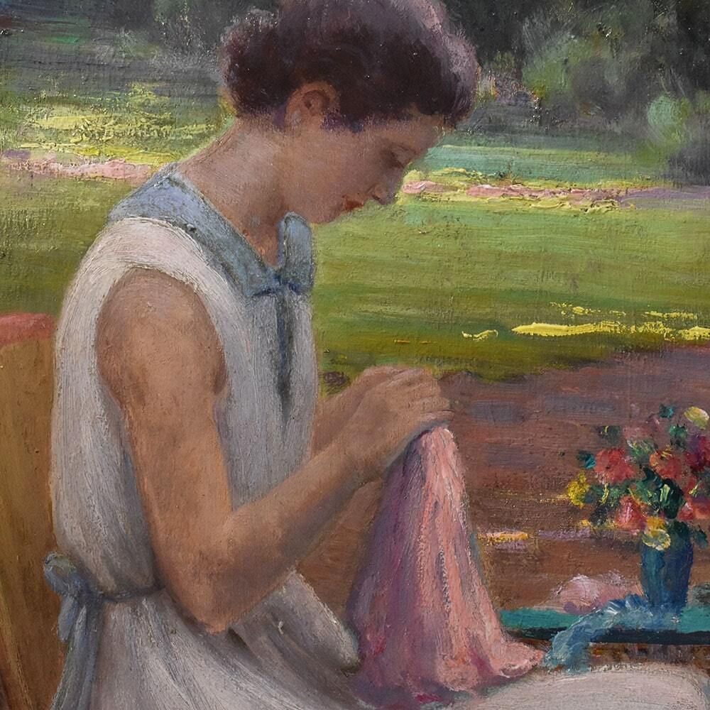 Antique Woman Portrait Painting, Young Woman Sewing In The Garden, Oil On Wood, XX Century. (Qr577) photo Art