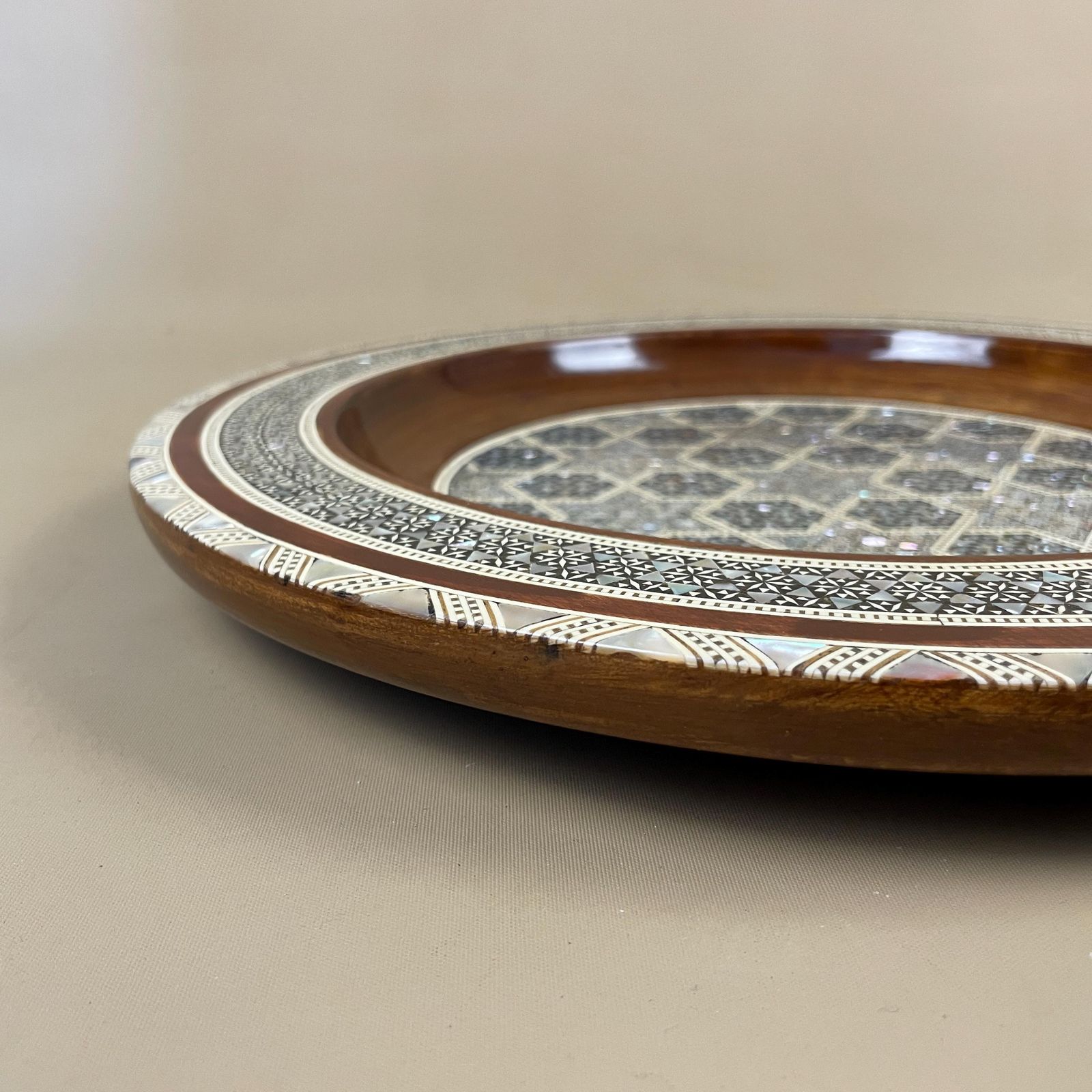 Vintage Middle Eastern Bowl Tray Pearl Inlay Pattern Wooden Round Display Plate Decorative Plate Art Wall Hanging photo for sale