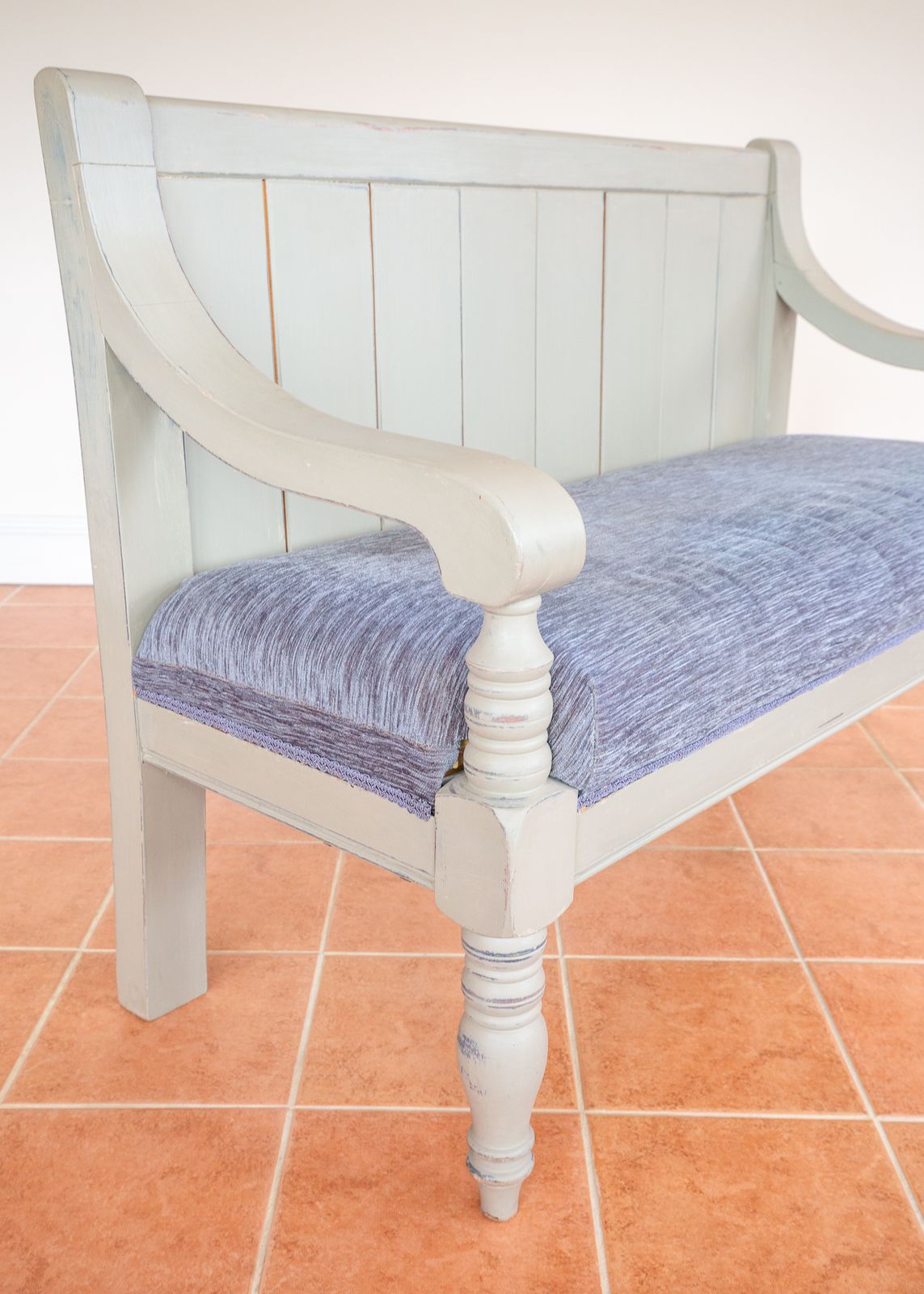 Painted Chapel Bench English Antique Upholstered Oak Late Victoria.N Grey Blue Large Church Settle Pew Upholstered Shabb.Y Chi.C Chalk Paint photo for sale