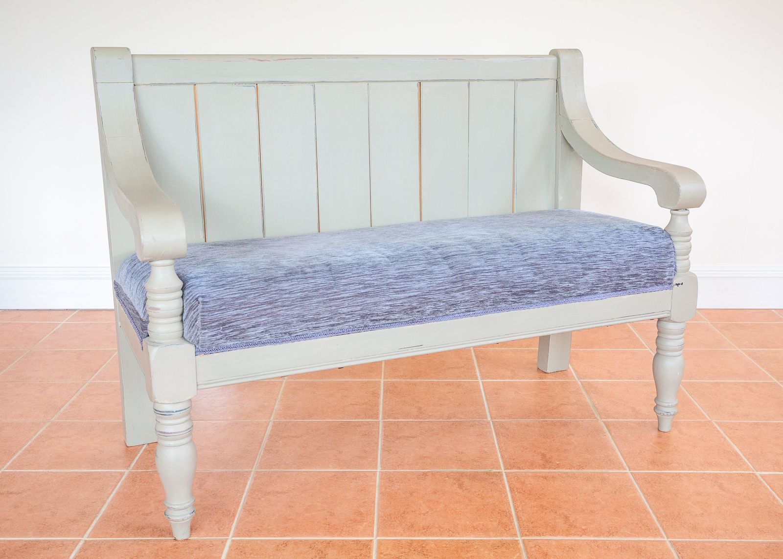 Painted Chapel Bench English Antique Upholstered Oak Late Victoria.N Grey Blue Large Church Settle Pew Upholstered Shabb.Y Chi.C Chalk Paint photo vinterior