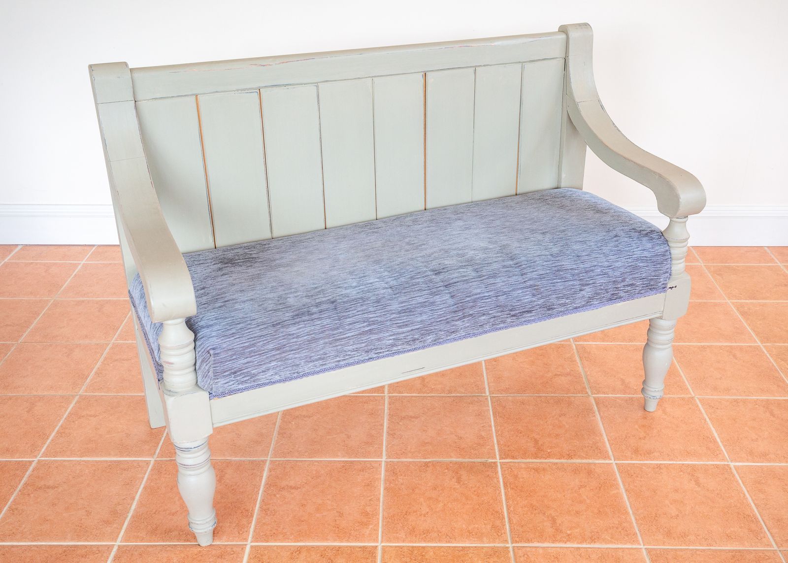 photo for sale Painted Chapel Bench English Antique Upholstered Oak Late Victoria.N Grey Blue Large Church Settle Pew Upholstered Shabb.Y Chi.C Chalk Paint