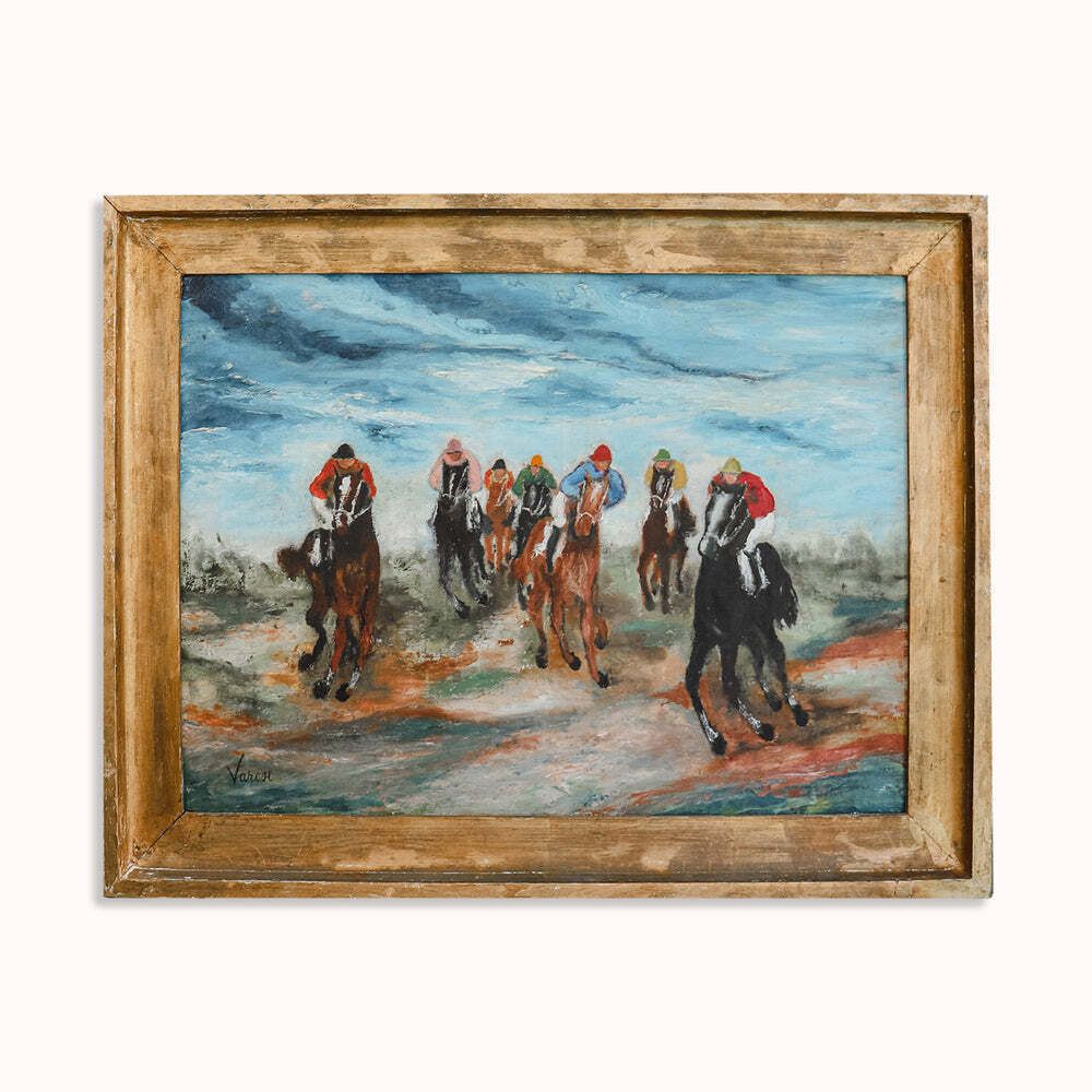 19th Century Antique Painting Of Jockeys In Action By Giacomo Varese
