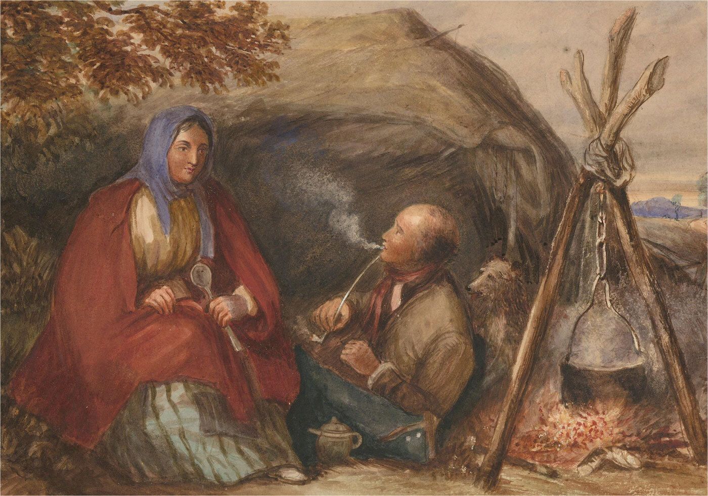 Mid 19th Century Watercolour   Travellers Beside A Fire