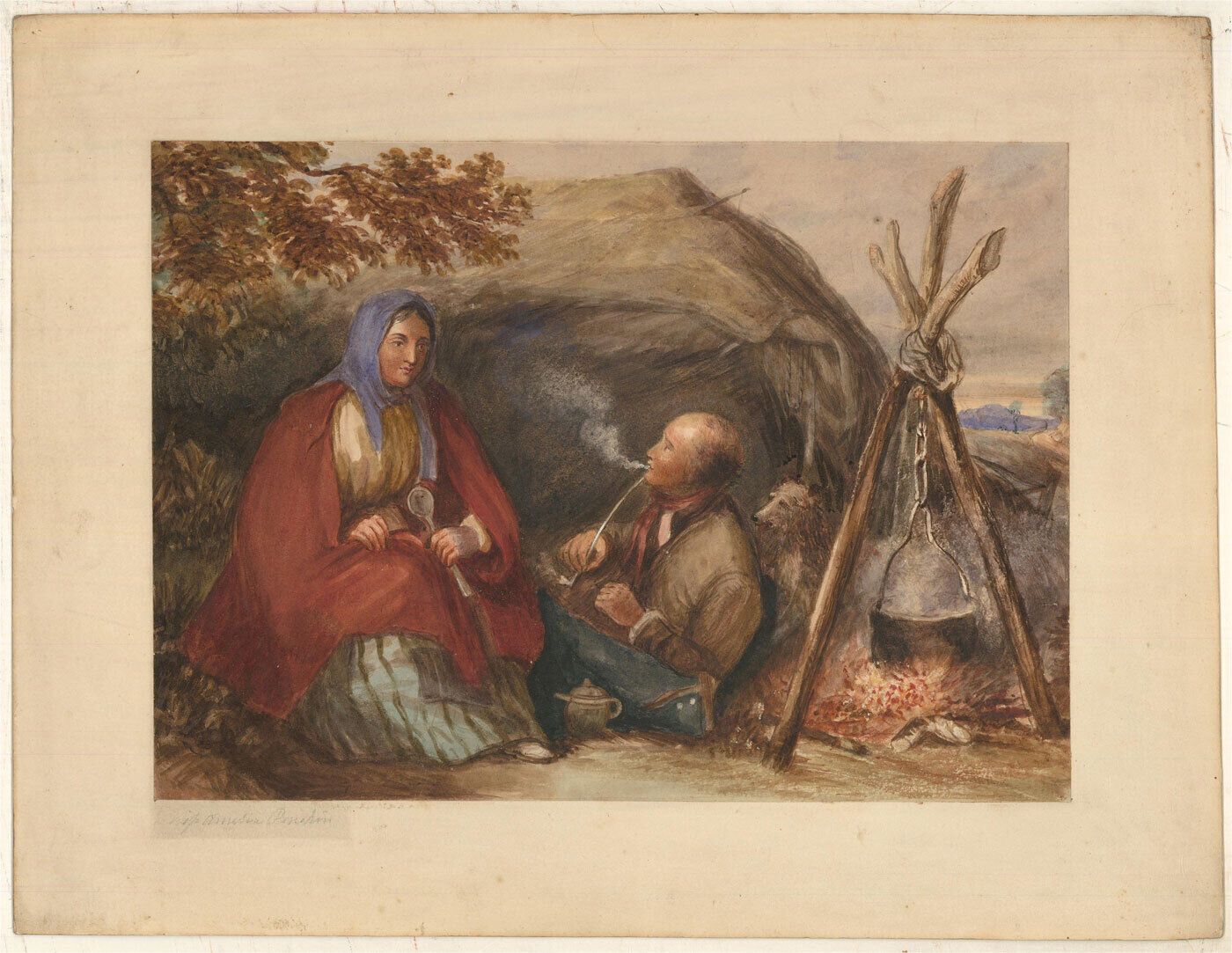 Mid 19th Century Watercolour   Travellers Beside A Fire photo furniture