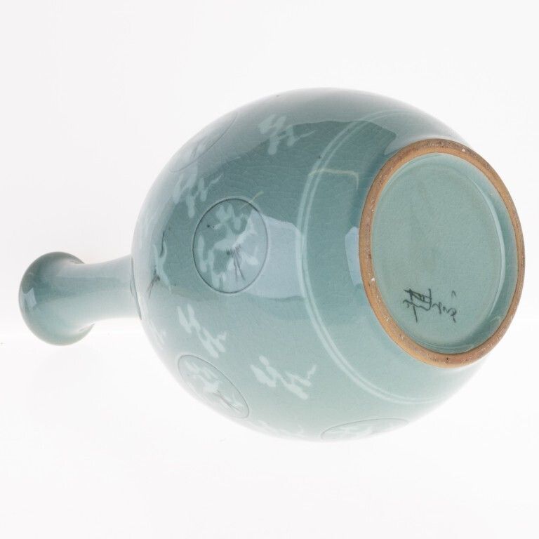 Antique Korean Celadon Glazed Porcelain Bottle Neck Vase With Cranes In Flight photo furniture