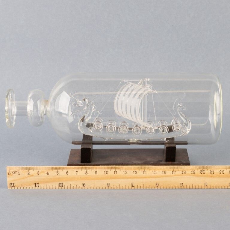 Hand Blown Glass Viking Longship In Glass Bottle Display photo for sale