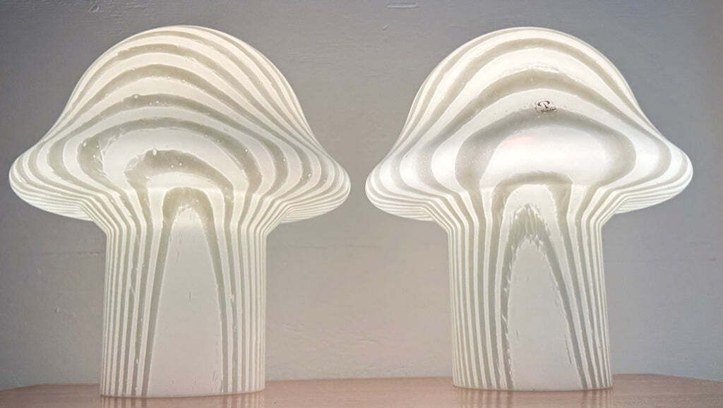 Pair Of 1970s Vintage German Space Age Peill & Putzler Striped Glass Mushroom Shaped Table Lamps photo vinterior