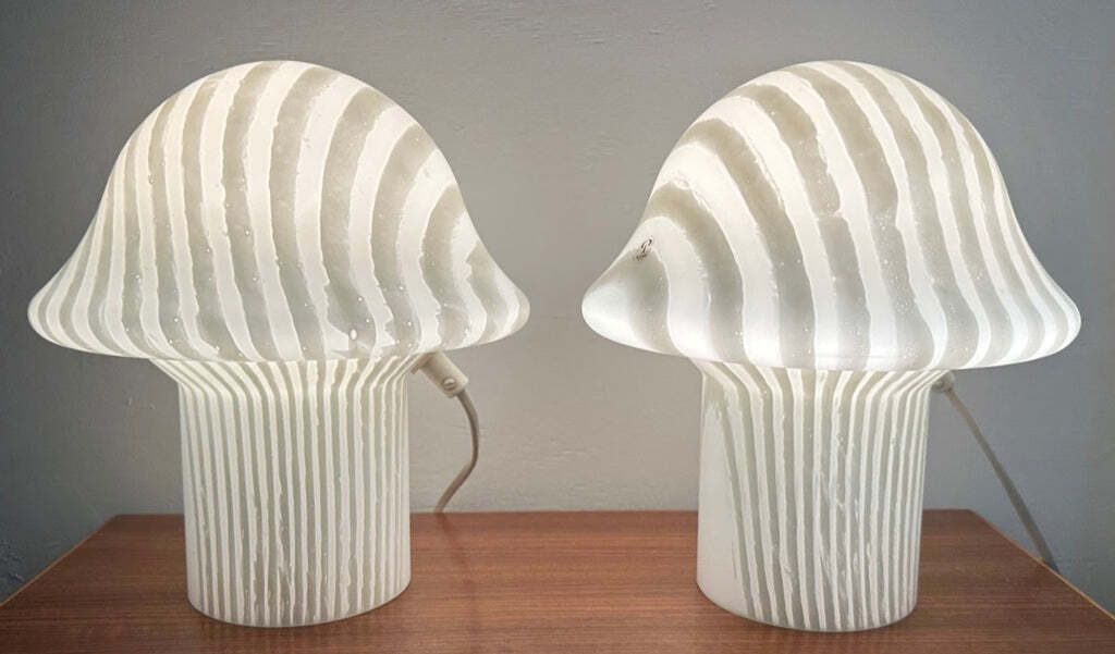 Pair Of 1970s Vintage German Space Age Peill & Putzler Striped Glass Mushroom Shaped Table Lamps photo buy