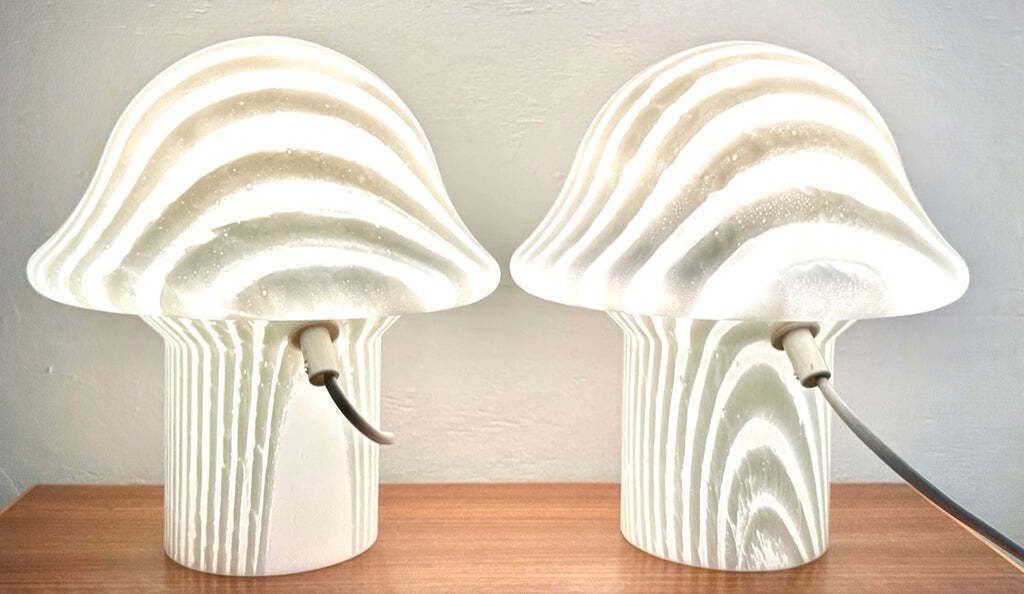 photo furniture Pair Of 1970s Vintage German Space Age Peill & Putzler Striped Glass Mushroom Shaped Table Lamps