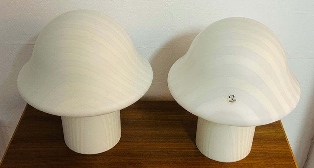 photo buy Pair Of 1970s Vintage German Space Age Peill & Putzler Striped Glass Mushroom Shaped Table Lamps