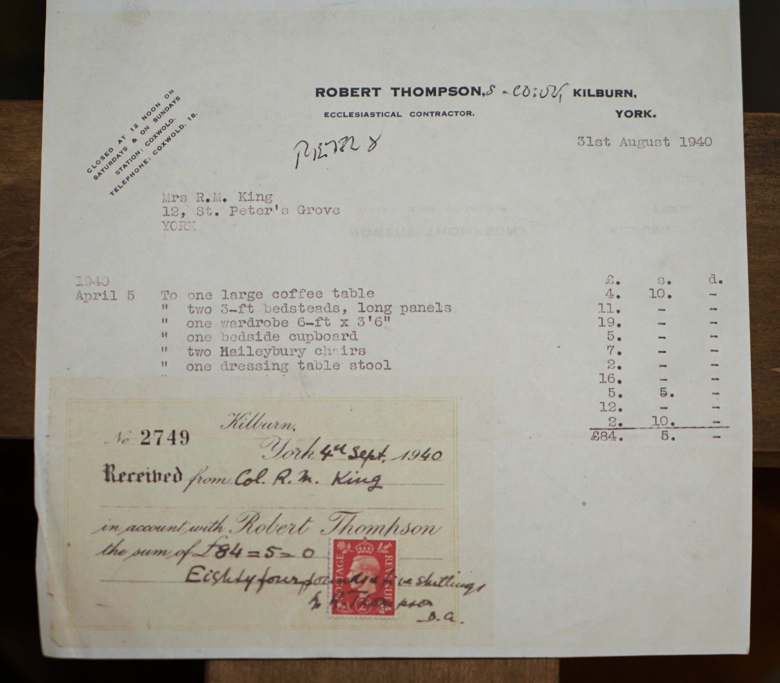 Collectable 1940's Robert Mouseman Thompson Bureau Desk Drawers Original Receipt photo furniture