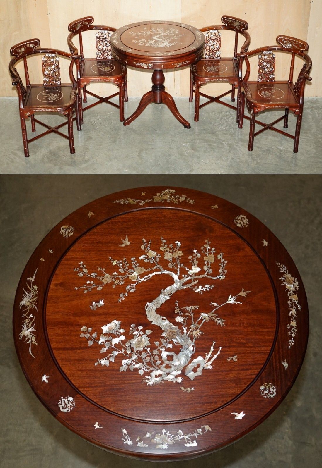 Antique Cinese Export Rosewood & Mother Of Pearl Circa 1920's Table & Chairs Set