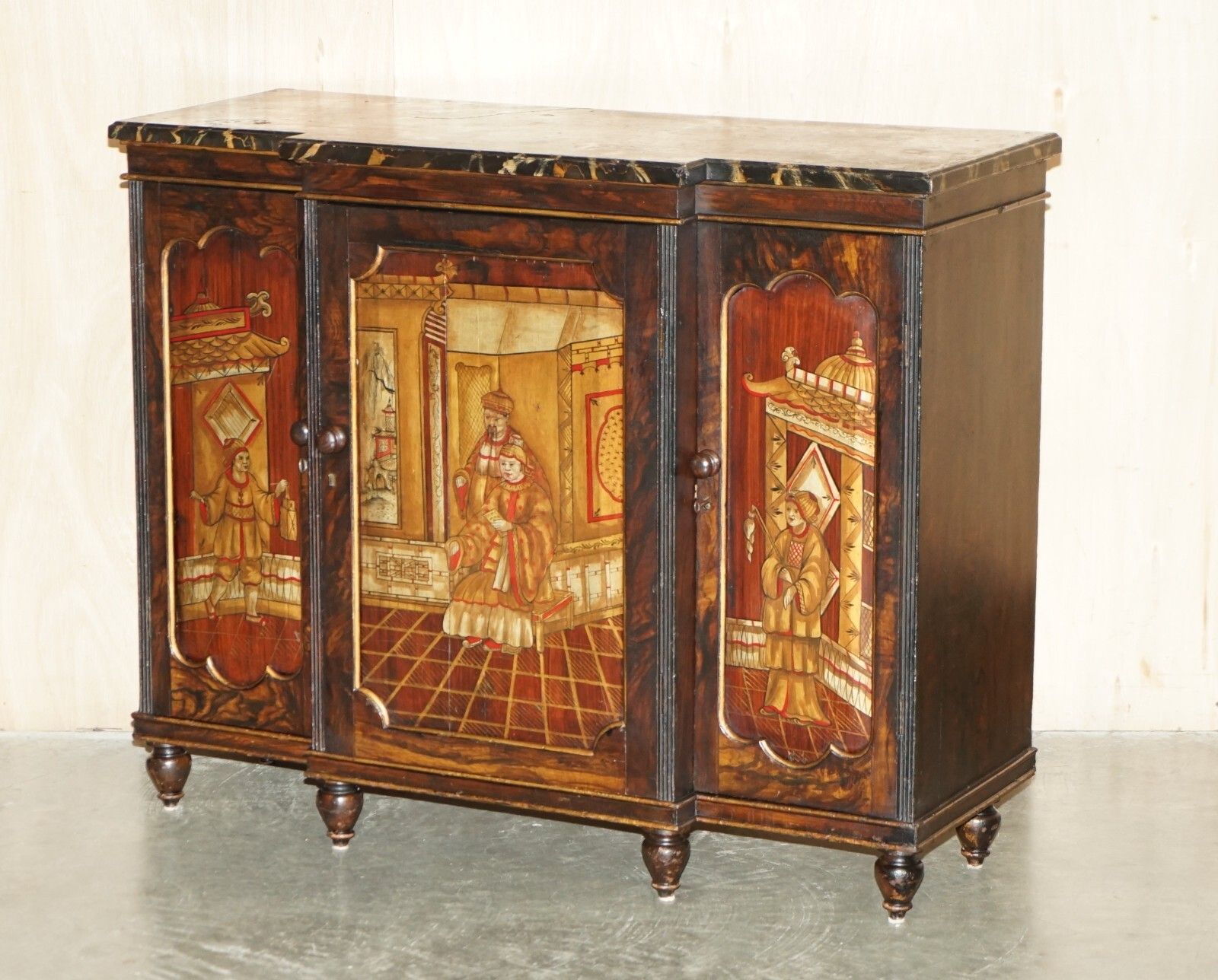 Antique Regency 1810 Simulated Rosewood Chinese Chinoiserie Breakfront Sideboard