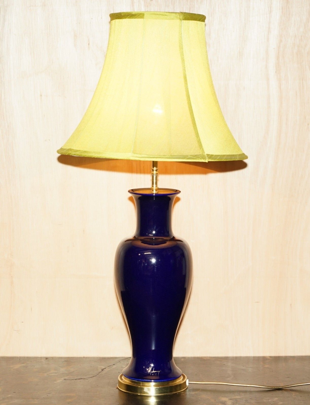 Stunning Vintage Cobalt Blue Porcelain Urn Shaped Brass Base Large Table Lamp photo furniture
