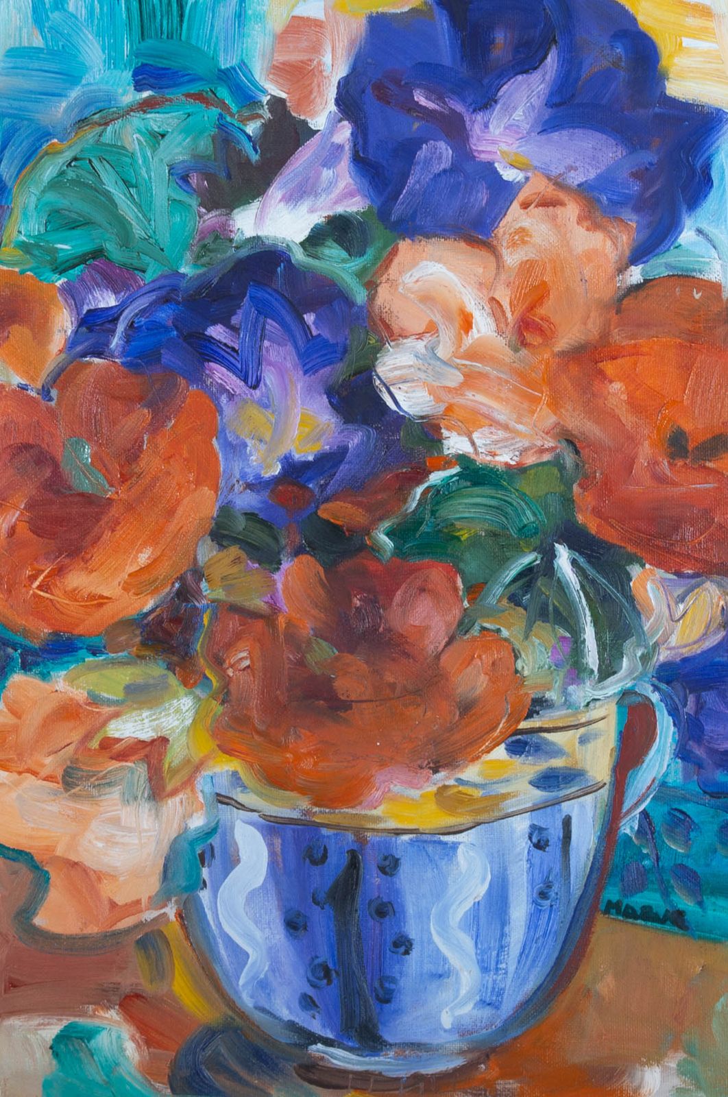 20th Century Oil   Vibrant Flowers In Blue And White Vase photo furniture