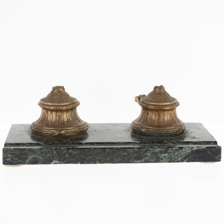 Antique Desk Bronze Inkwells On Marble Base