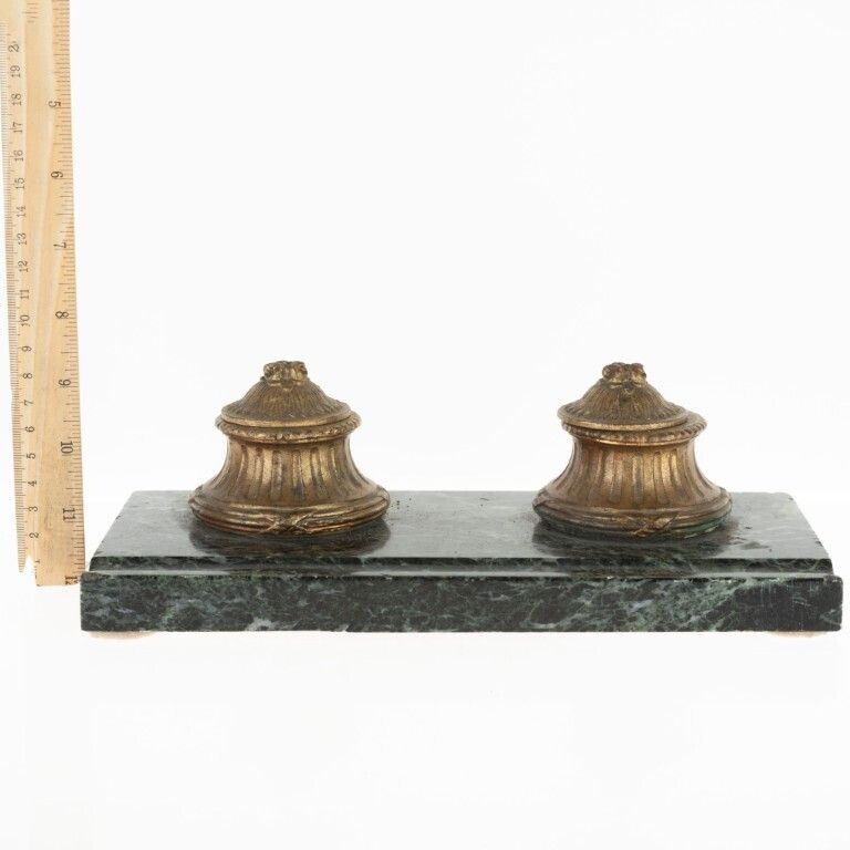 Antique Desk Bronze Inkwells On Marble Base photo Home Decor