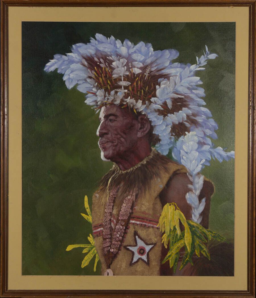 B. Strauss   Framed 20th Century Acrylic, Man In A Blue Feather Headdress