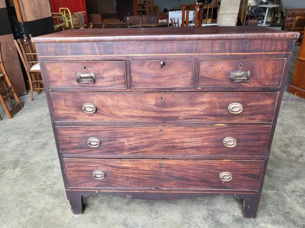 Antique Georgian Mahogany 3 Over 3 Inlaid Chest Of Drawers Square Legs