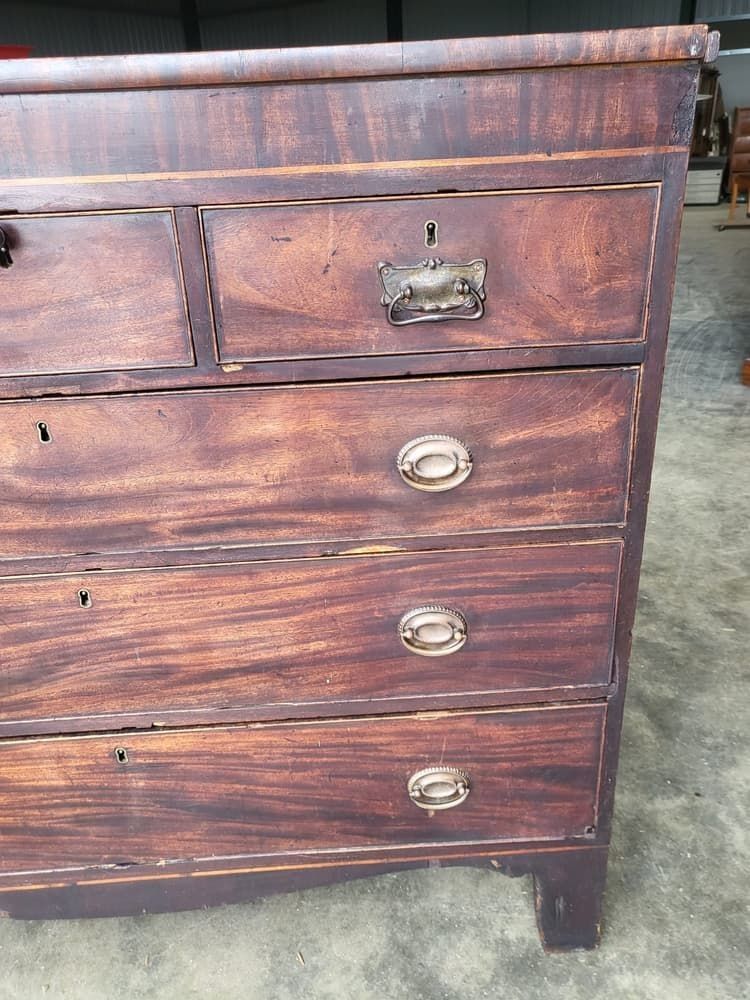 photo furniture Antique Georgian Mahogany 3 Over 3 Inlaid Chest Of Drawers Square Legs