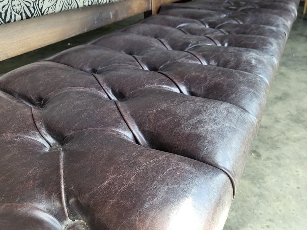 Large 8' Leather Seat High Back Bench Seat Turned Legs Home Business photo vintage