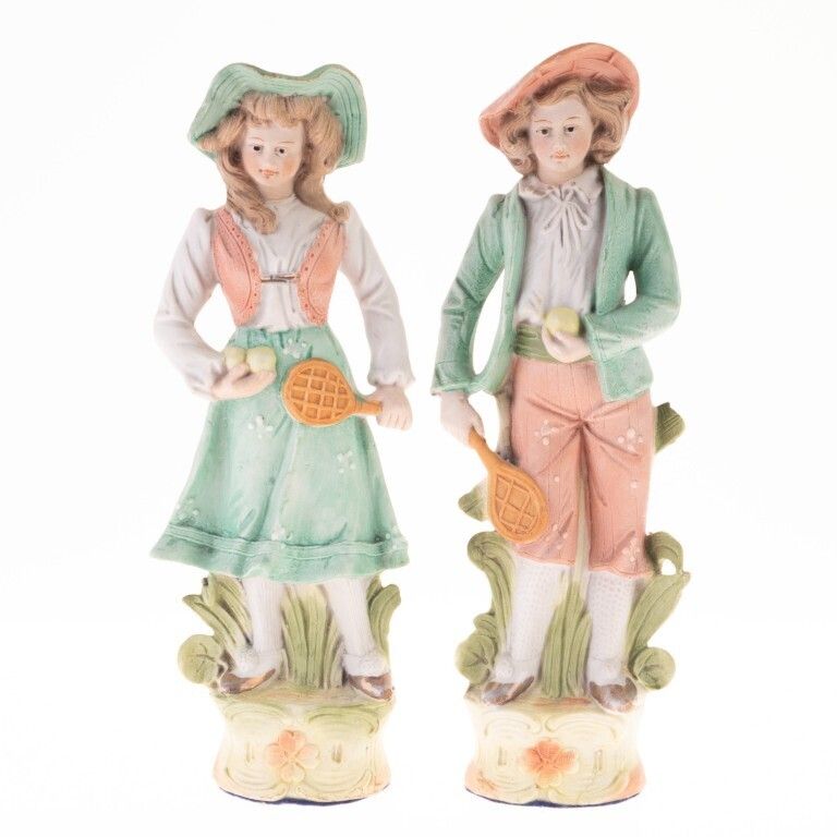 Pair Of Victorian Bisque Porcelain Tennis Players Figures 19th Century