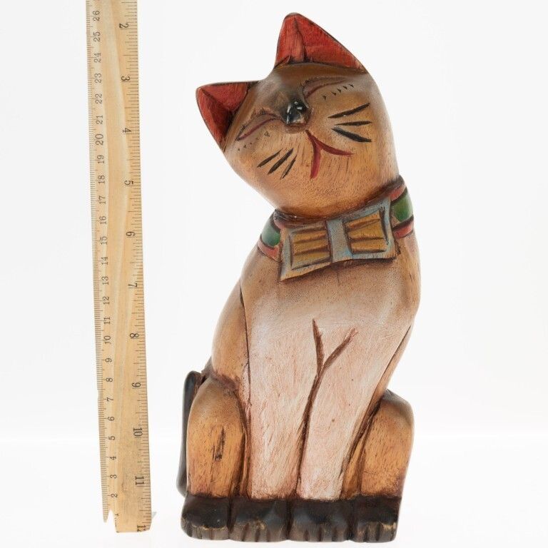 Mid Century Hand Carved Wooden Cat Sculpture photo Art