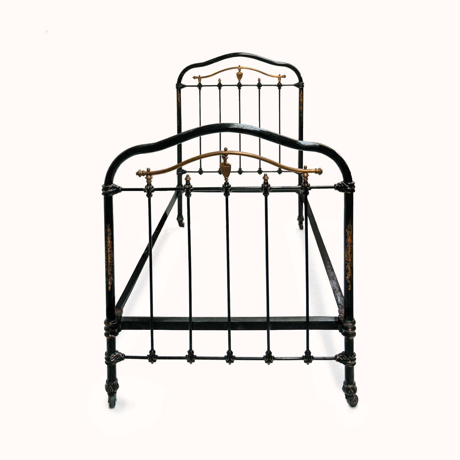 Matching Pair Of Antique Cast Iron Antique Single Beds In Black And Gold photo furniture