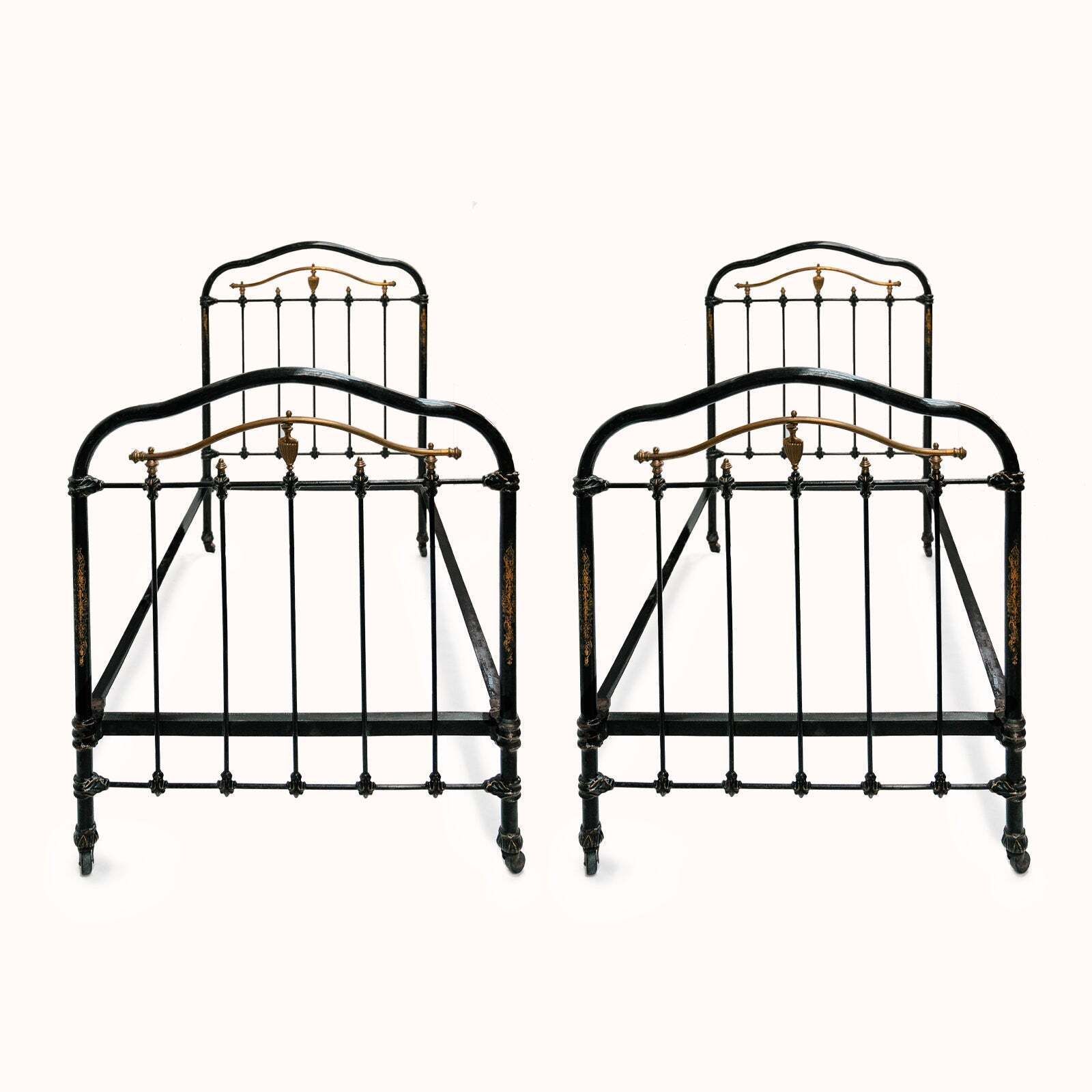 Matching Pair Of Antique Cast Iron Antique Single Beds In Black And Gold photo buy