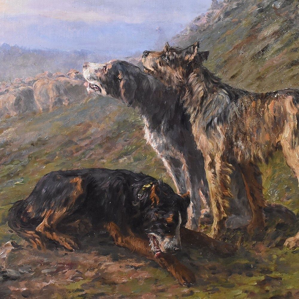 Shepherd Dogs Portrait Painting, Oil On Canvas, Early 20th Century. photo for sale