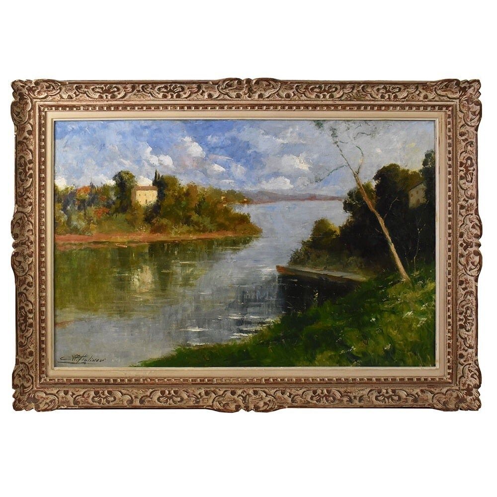 Landscape Painting With River, Oil On Canvas, XX Century.