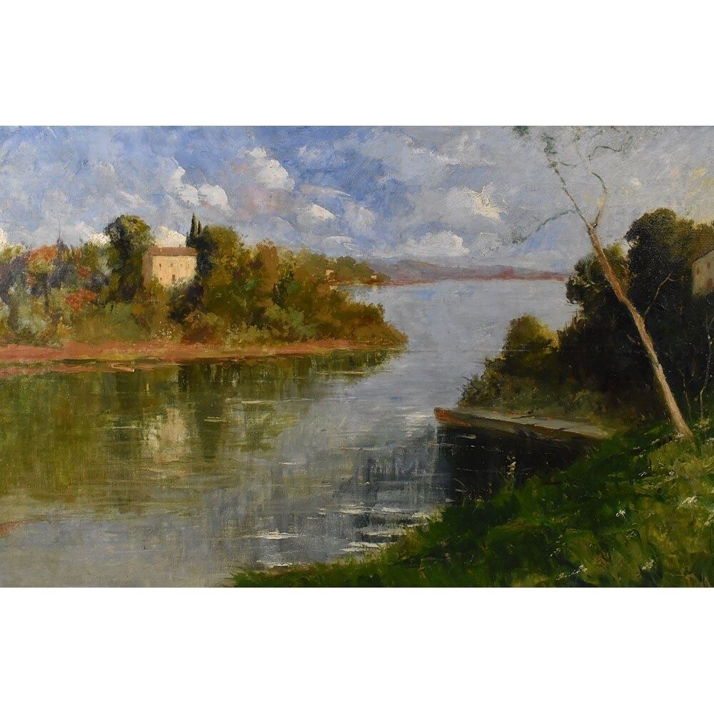 Landscape Painting With River, Oil On Canvas, XX Century. photo furniture