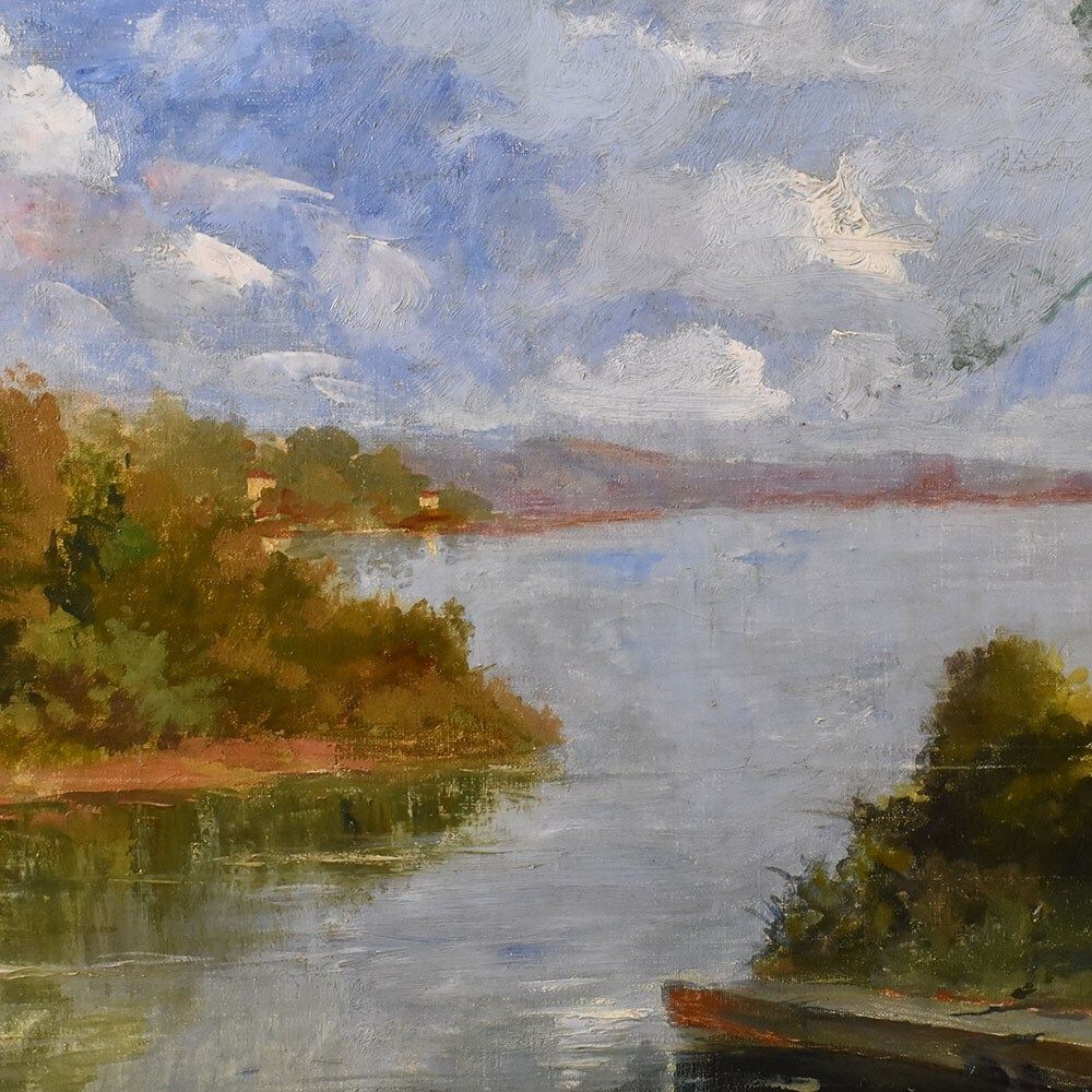 Landscape Painting With River, Oil On Canvas, XX Century. photo Art