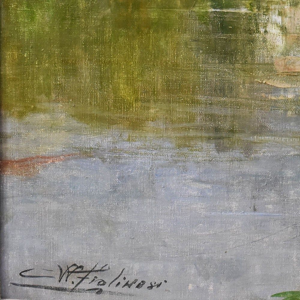 Landscape Painting With River, Oil On Canvas, XX Century. photo vintage