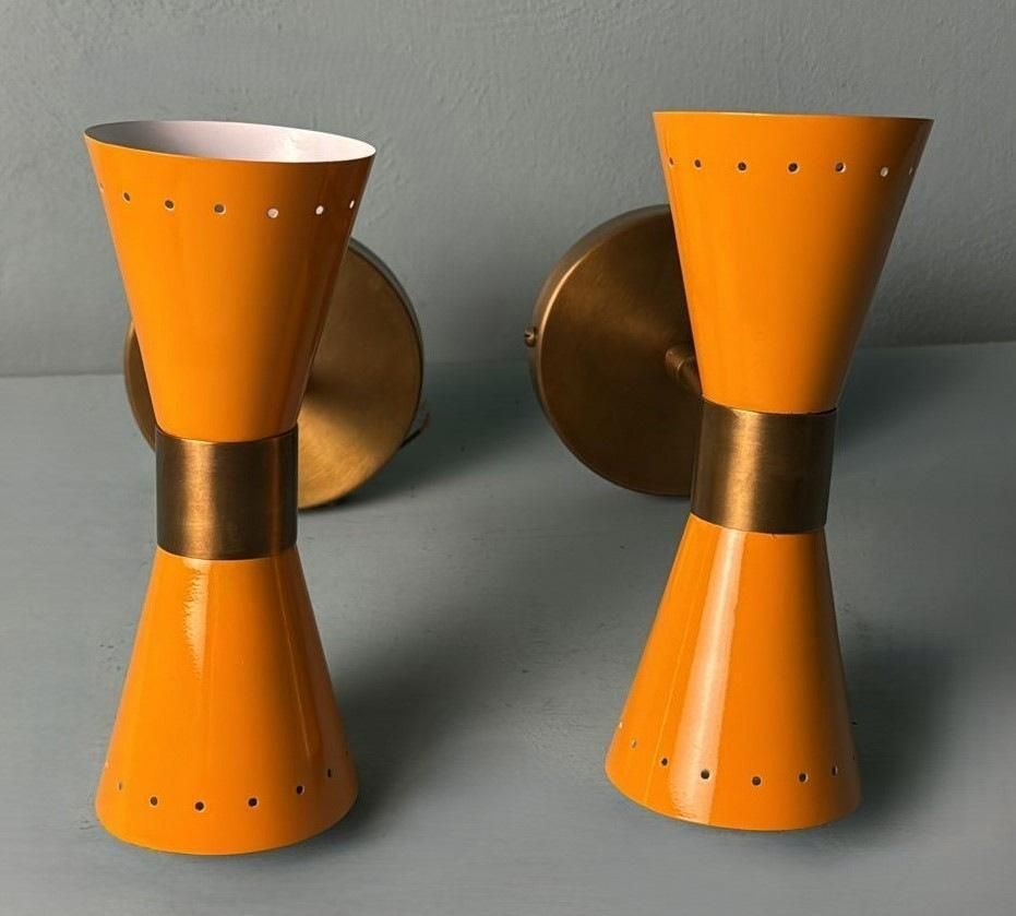 Stilnovo Style  Pair Of Italian Wall Sconces In Lacquered Metal And Brass photo furniture